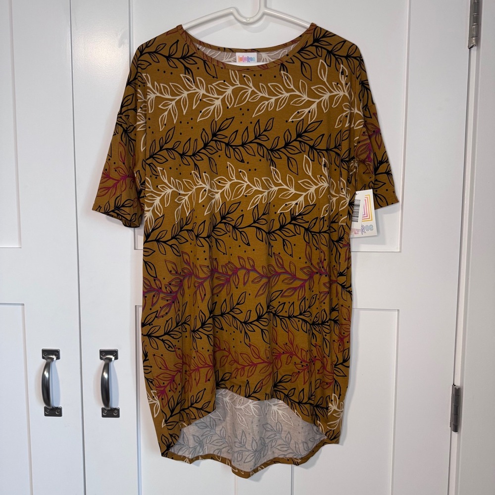 NWT LuLaRoe Irma Oversized Tunic Top Brown Leaf Print Women's Size XS Hi Low Hem